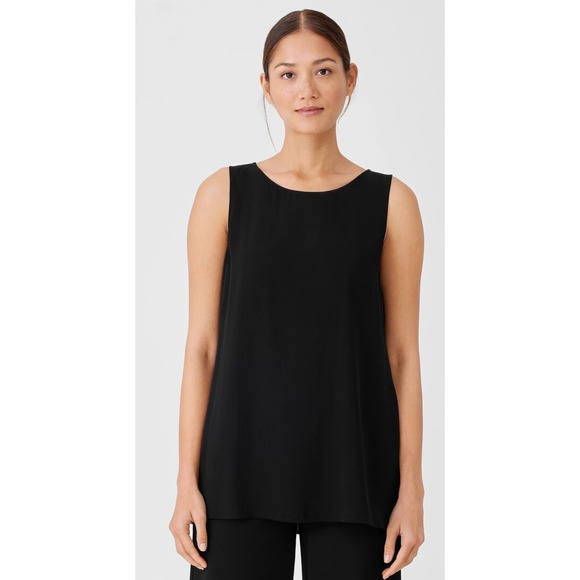 Eileen Fisher Tops - Eileen Fisher Silk Georgette Crepe Ballet Neck Tank Easy Fit Long Length Black M